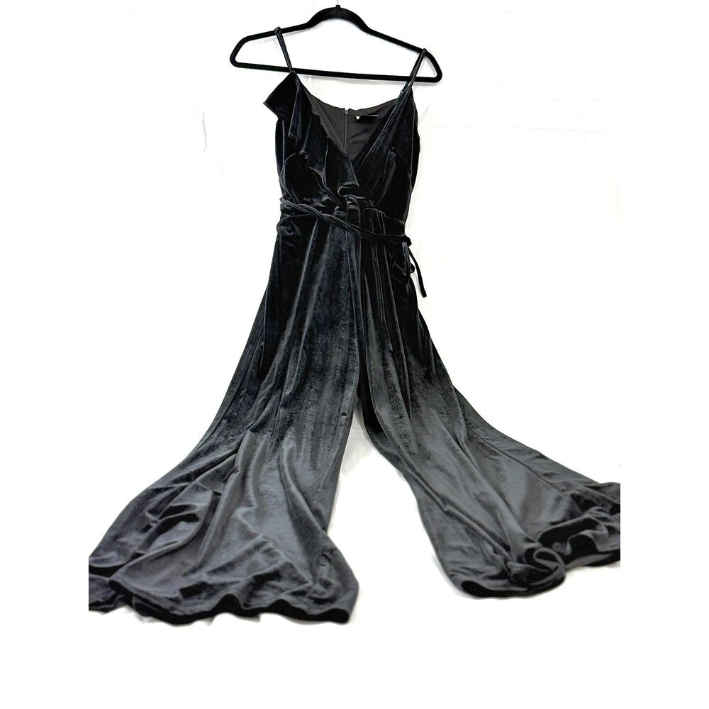 Women's Black Velvet Wide-Leg Jumpsuit with Ruffle- Perfect for holiday parties